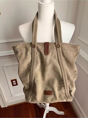 Cargoit Canvas Carryall Tote with Faux Leather Accent - Khaki